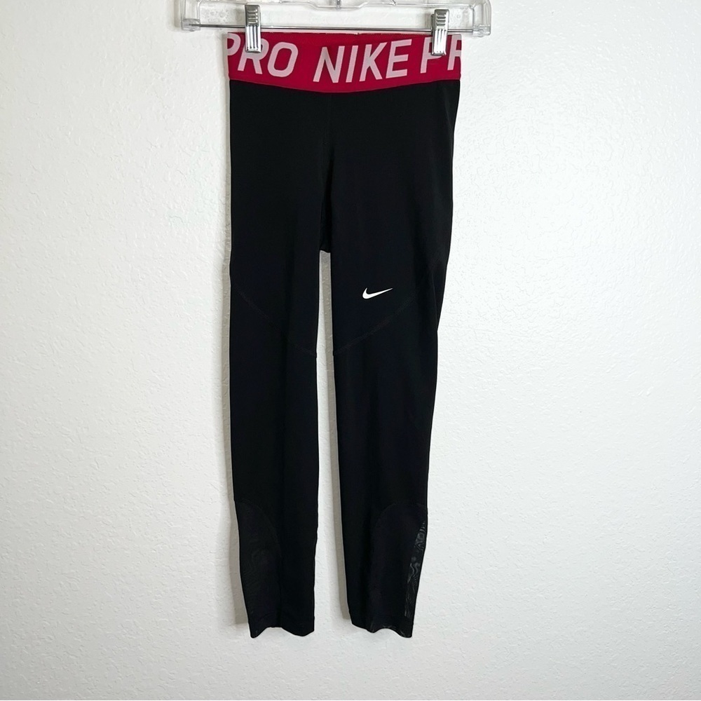 Nike Pro Leggings Women XS Running Gym black red Crop Athletic mesh B14
